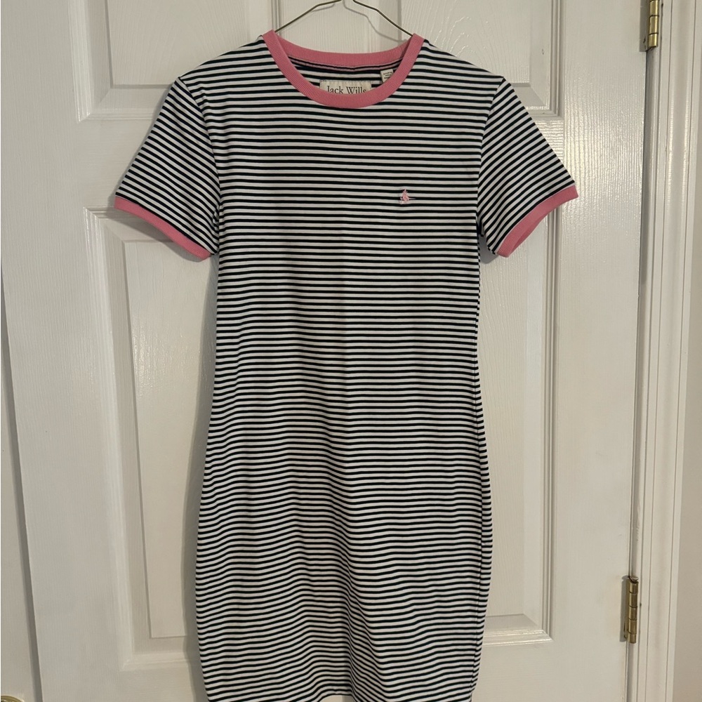 Jack Wills Navy Blue and White Striped Mini Dress with Pink Trim